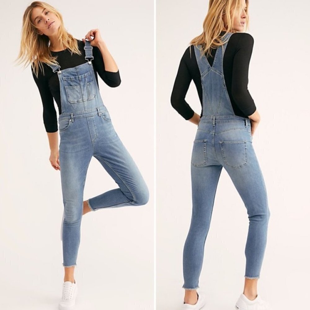 🦋 FREE PEOPLE Lexden Denim Jean Overalls Skinny 26 Boho Casual Distressed Cute